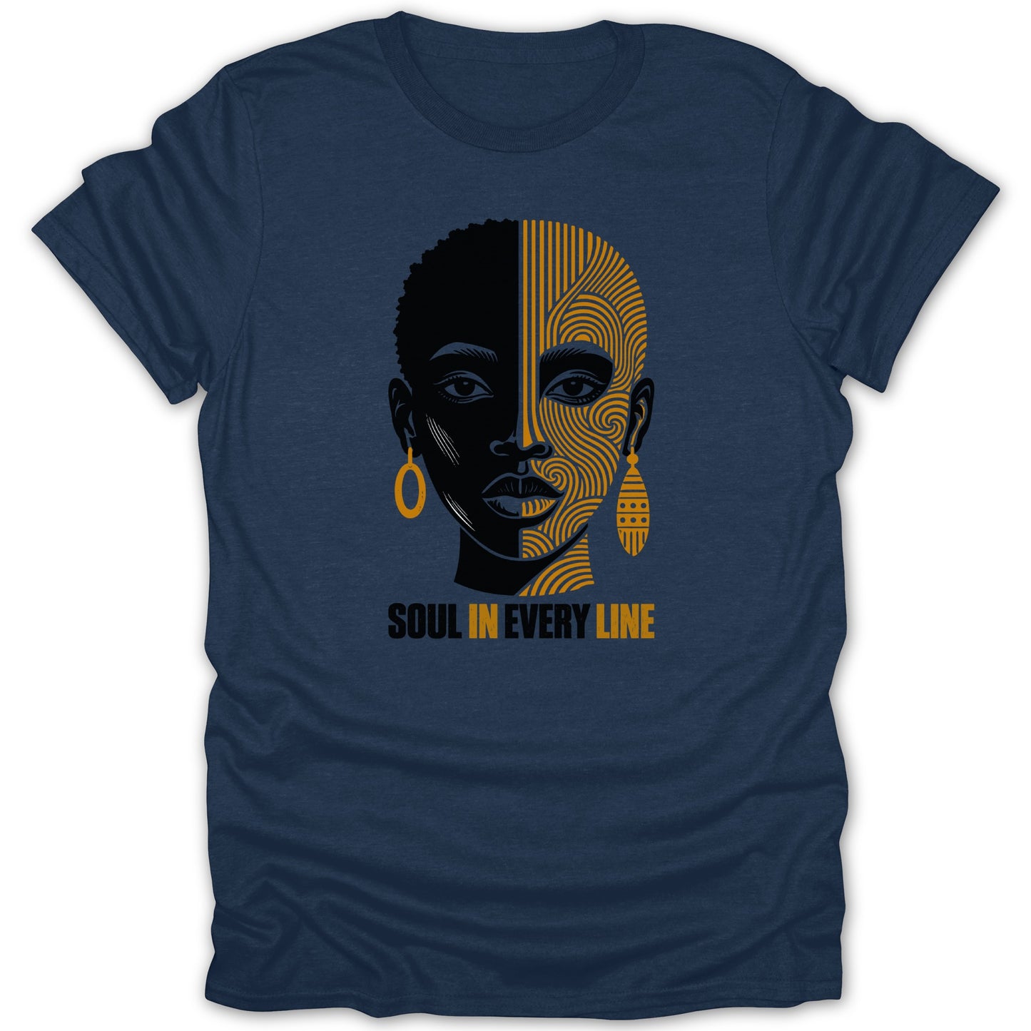 Navy t-shirt with abstract graphic of a face split black and gold with text "SOUL IN EVERY LINE".