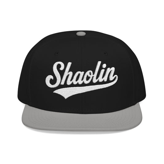 Black and gray flat-brimmed cap with "Shaolin" embroidered in white script.