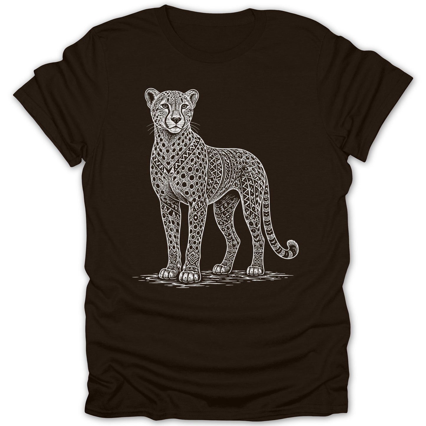 Cheetah with intricate geometric patterns on a dark brown t-shirt.
