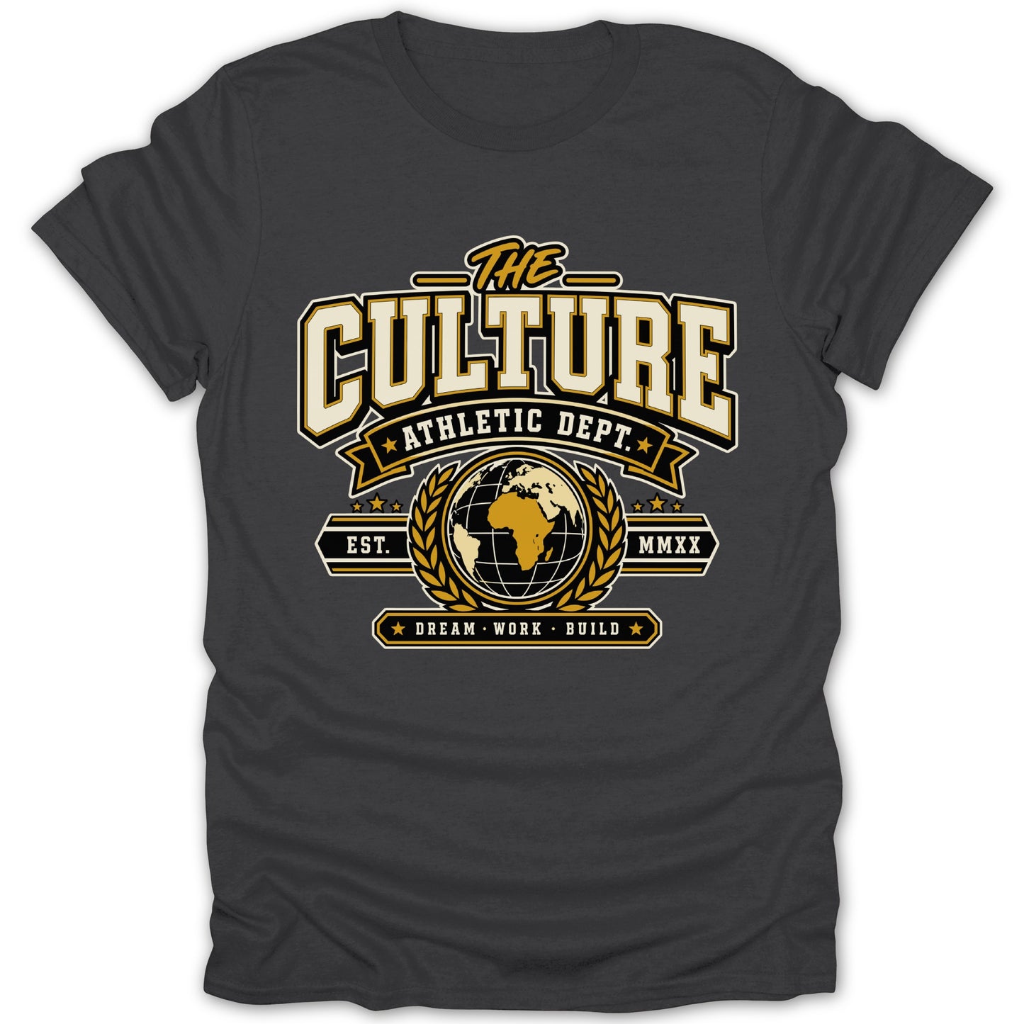 Dark t-shirt with "The Culture Athletic Dept." graphic and globe emblem.