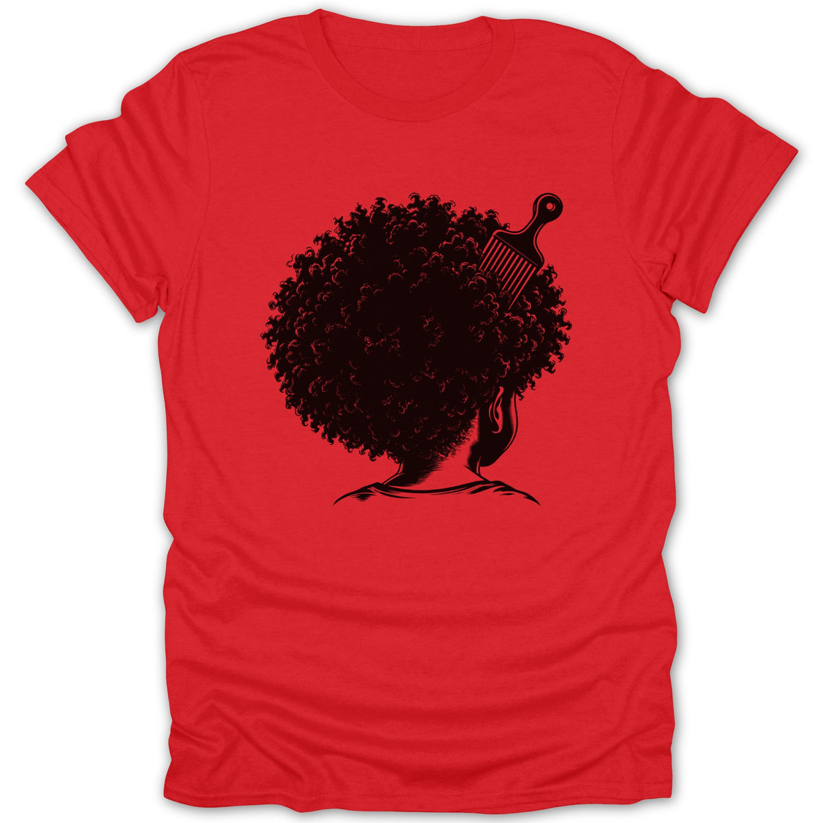 Red t-shirt with black graphic of person with afro and hair pick.