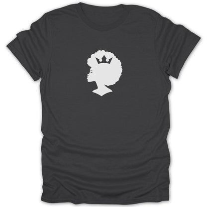 Dark grey short-sleeved t-shirt featuring a white silhouette graphic of a woman with an afro and crown.