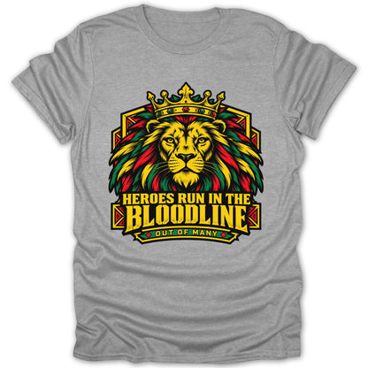 Grey t-shirt with a crowned lion and text "HEROES RUN IN THE BLOODLINE OUT OF MANY".