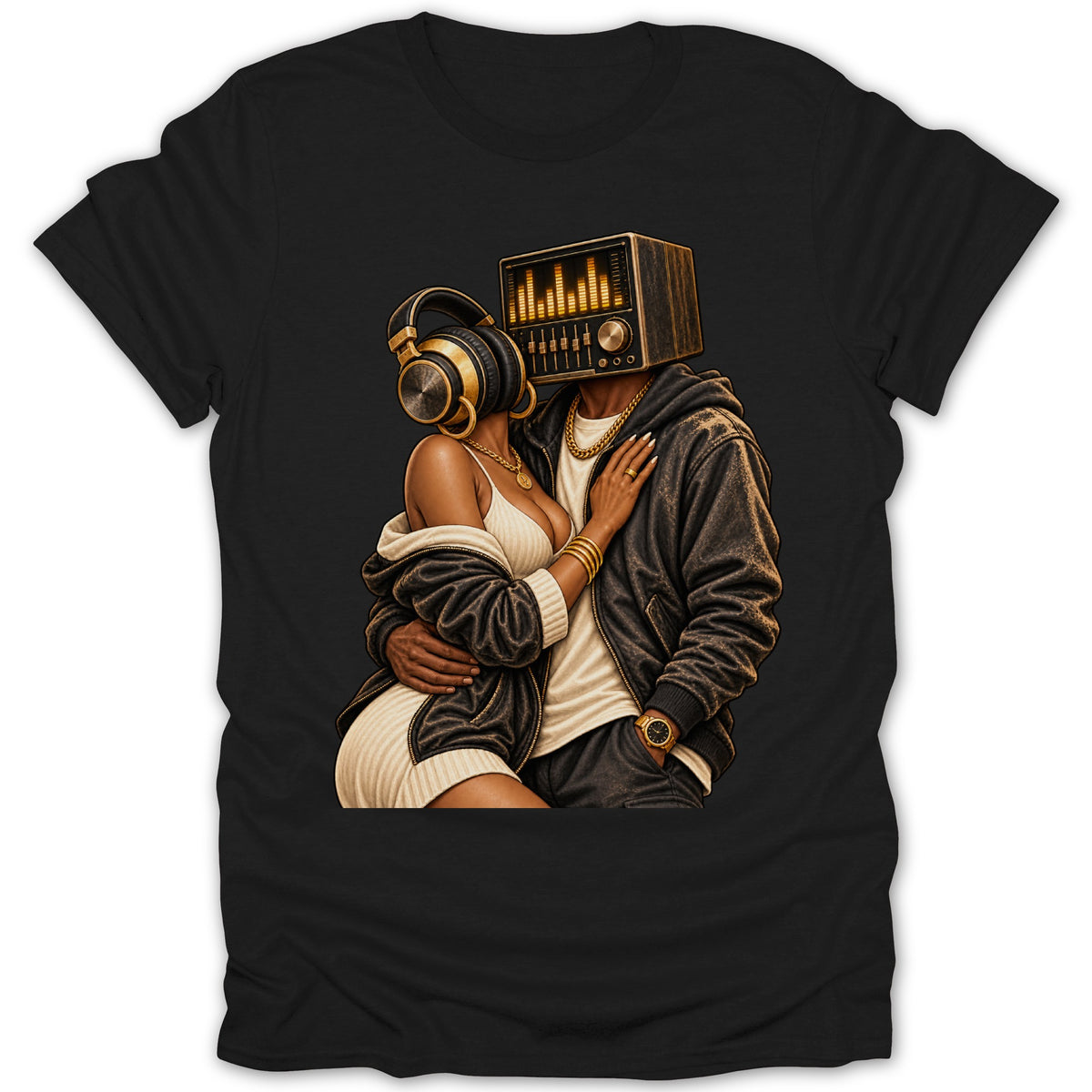 Couple with radio and headphones for heads, embraces on a black t-shirt.