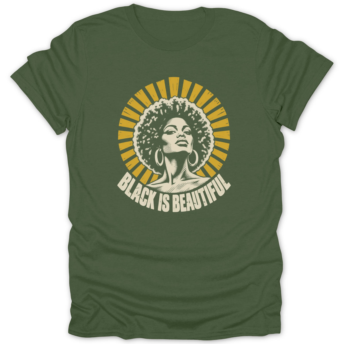 An olive green t-shirt with a vintage-style graphic of a Black woman with an afro and hoop earrings, surrounded by yellow sunburst rays and the text Black Is Beautiful.