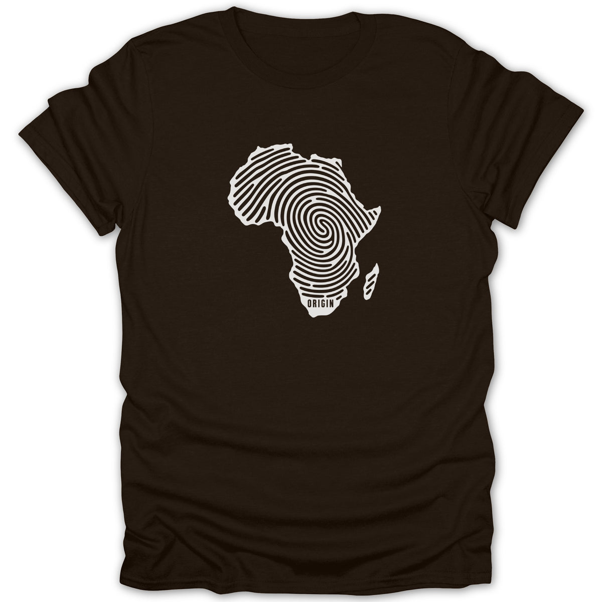 A black short-sleeved t-shirt featuring a white graphic of the African continent patterned as a fingerprint.