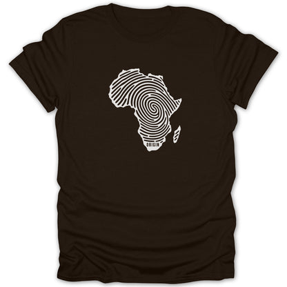 A black short-sleeved t-shirt featuring a white graphic of the African continent patterned as a fingerprint.