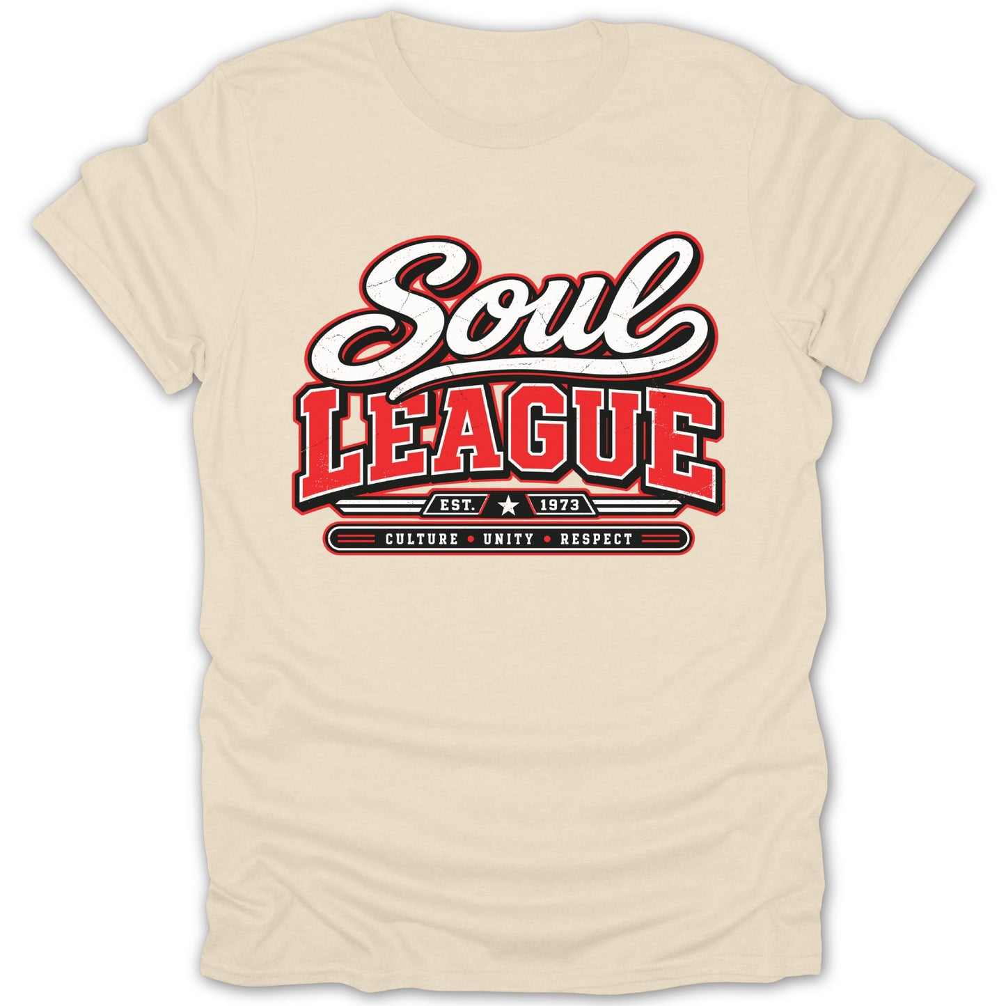 Cream t-shirt with red and white "Soul League" text and "Est. 1973" emblem.