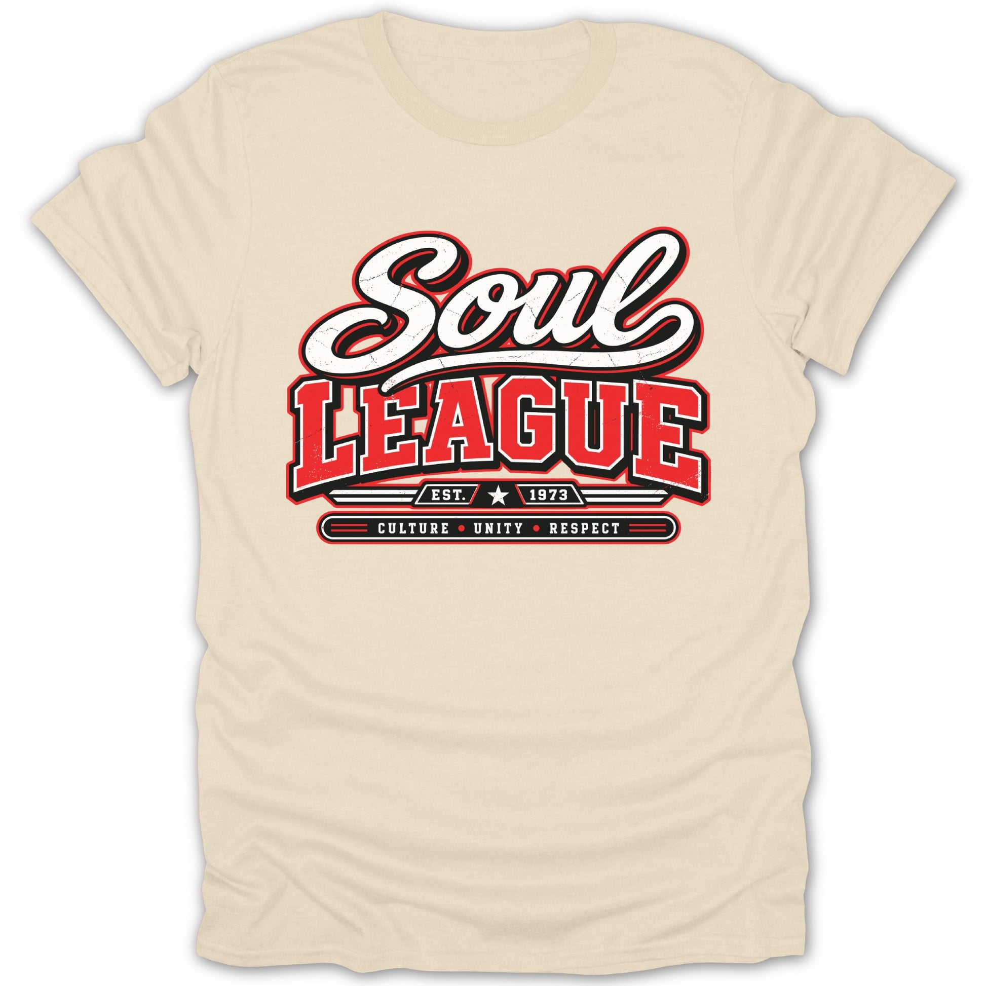 Cream t-shirt with red and white "Soul League" text and "Est. 1973" emblem.