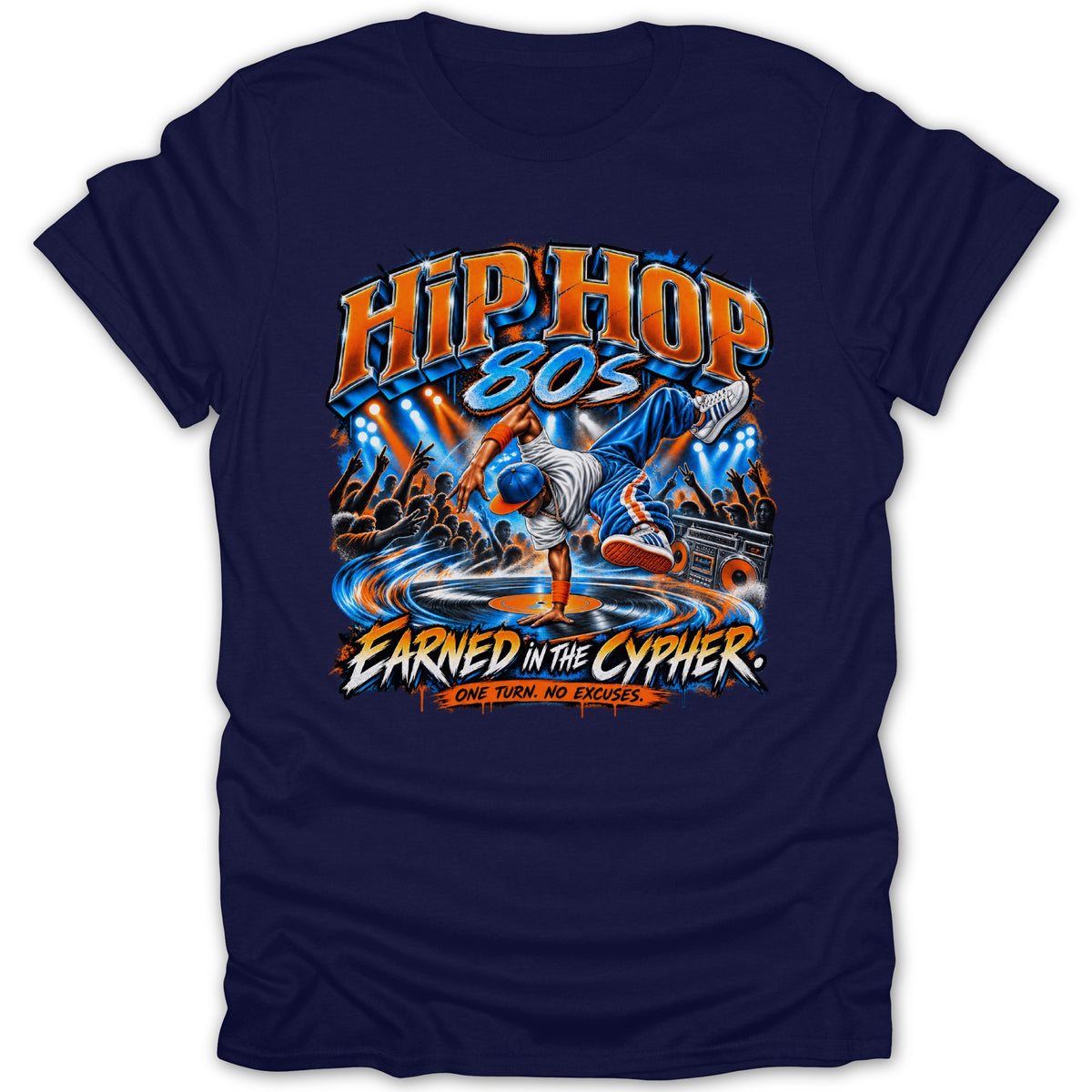 Navy t-shirt with breakdancer, "Hip Hop 80s," and boombox graphic.