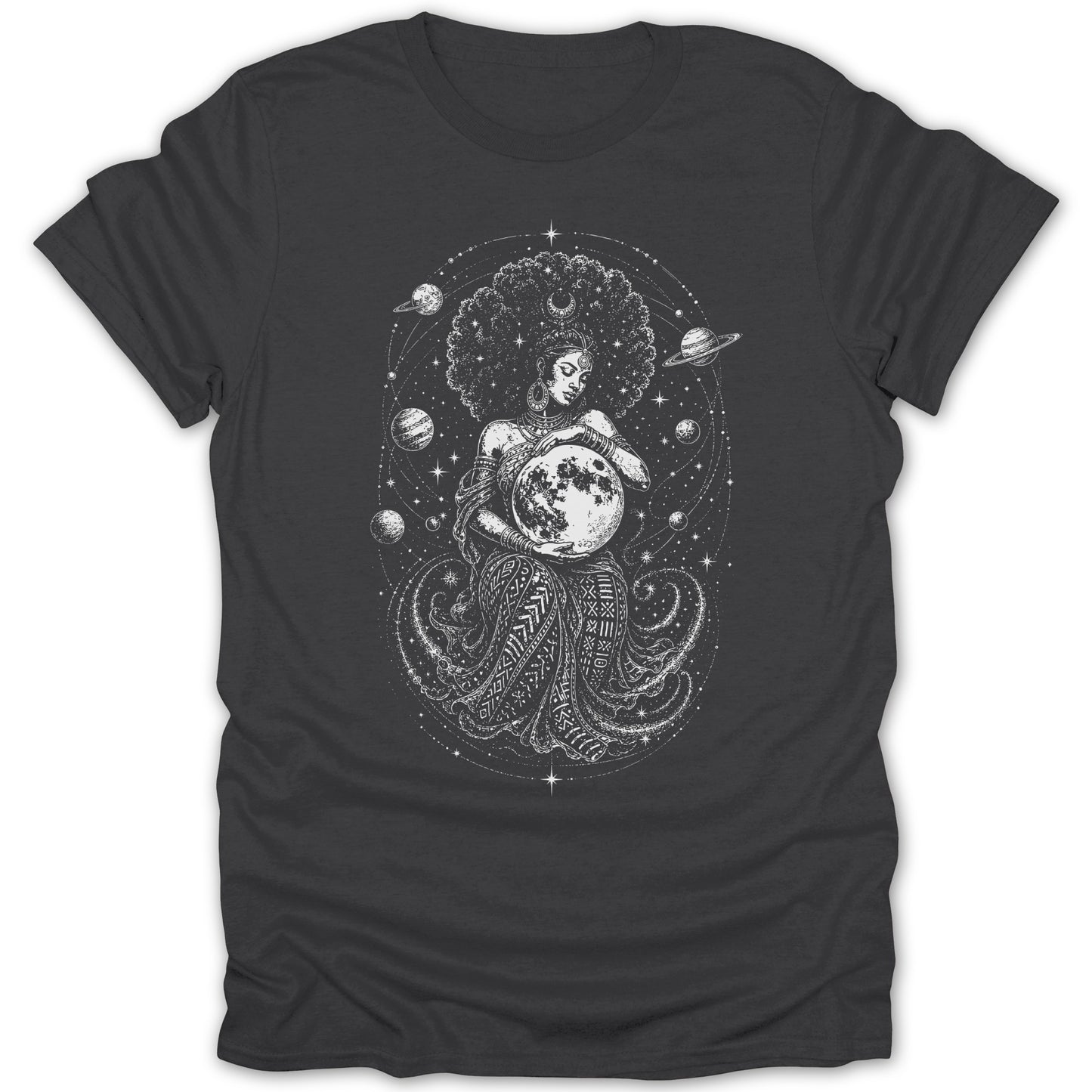 Woman with afro holding moon, surrounded by planets and stars on dark t-shirt.