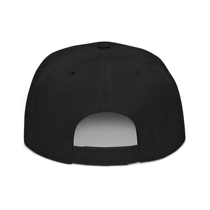 Black snapback baseball cap, viewed from the back.