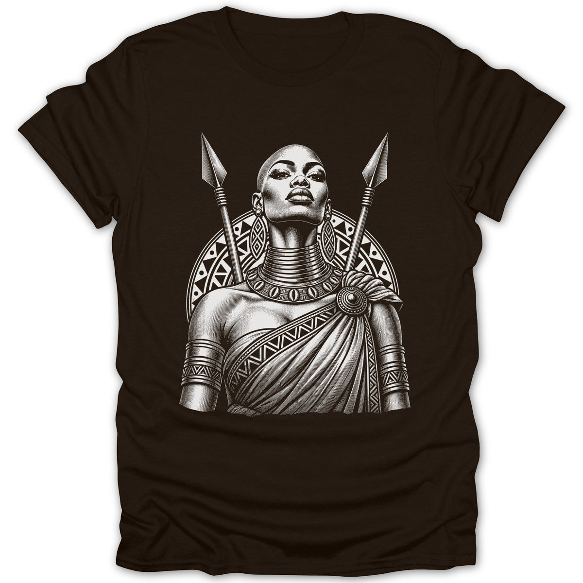 Warrior woman with spears and tribal patterns on a dark t-shirt.