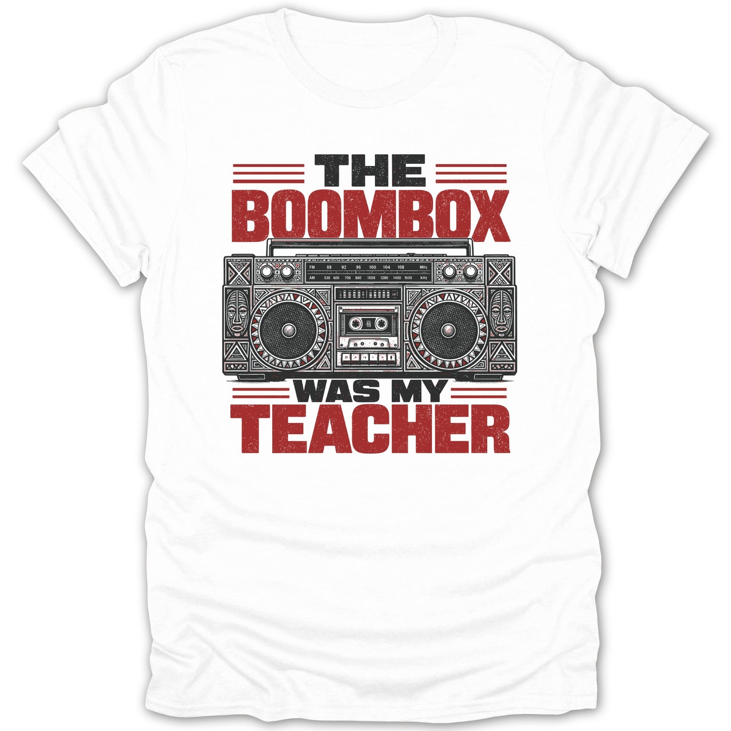 T-shirt graphic with boombox and text "The Boombox Was My Teacher".