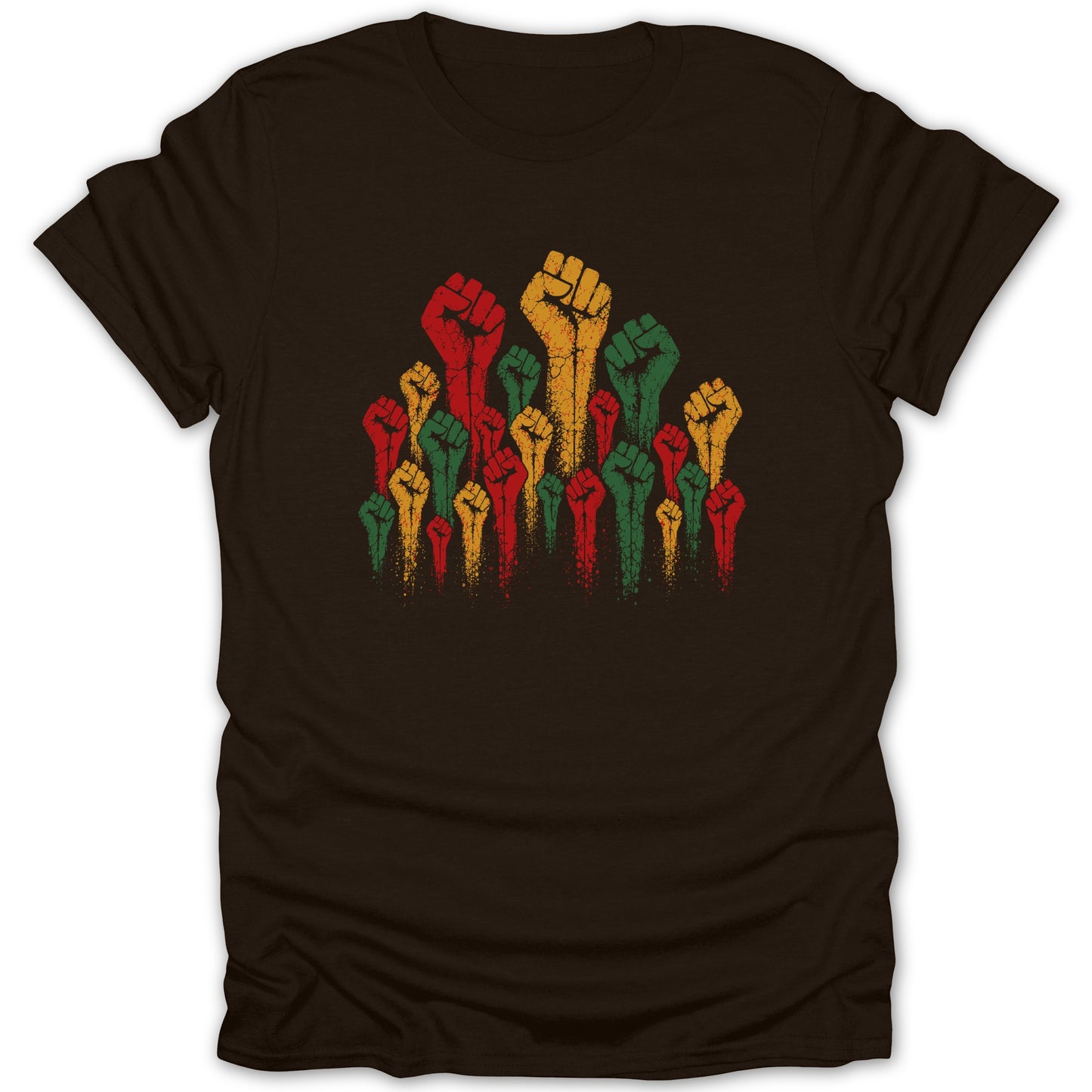 Brown t-shirt with raised fists in red, green, and yellow colors.