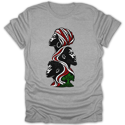 T-shirt with graphic of three profiles and tree roots in red, white, and green.