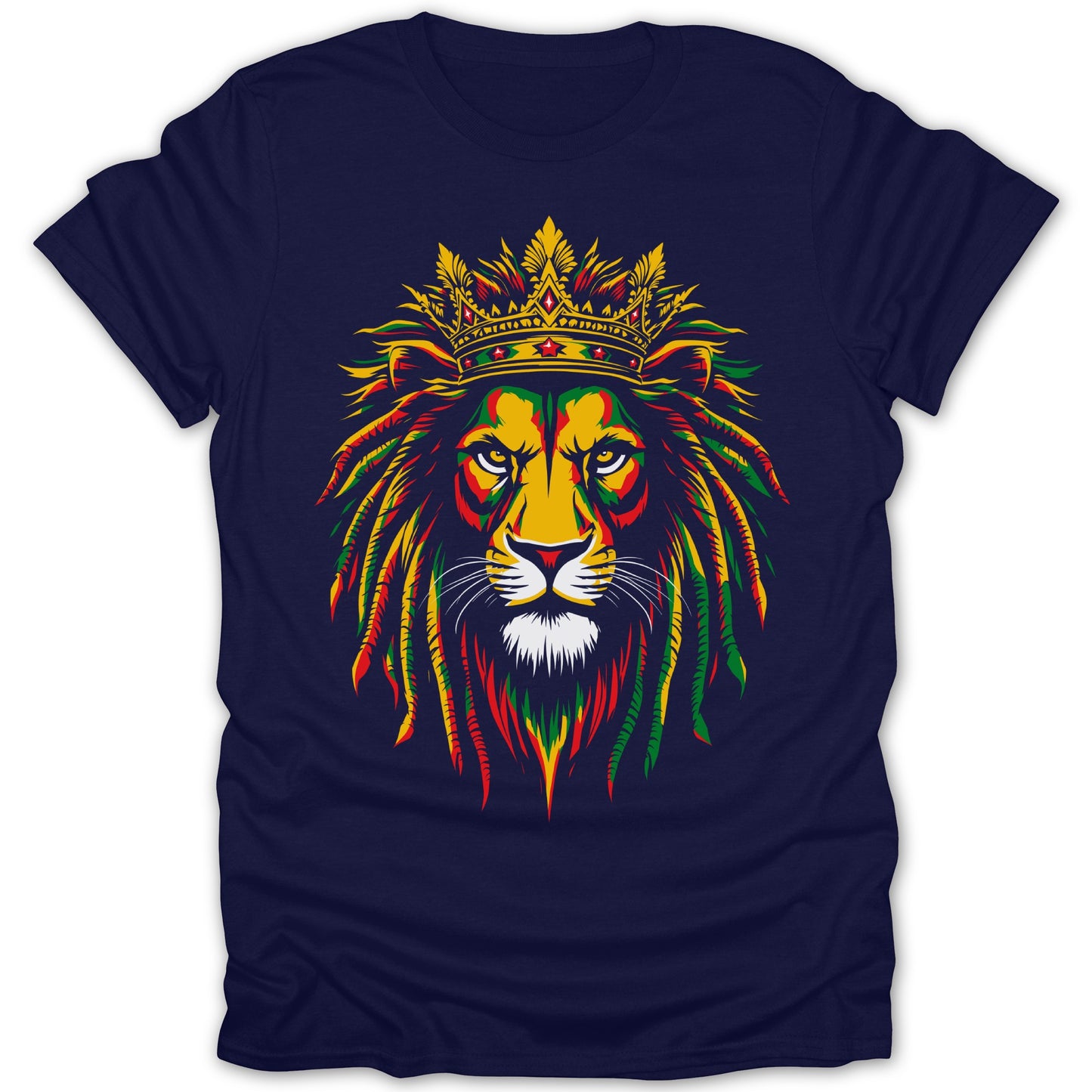 Navy t-shirt with a crowned lion's head graphic in red, yellow, and green.