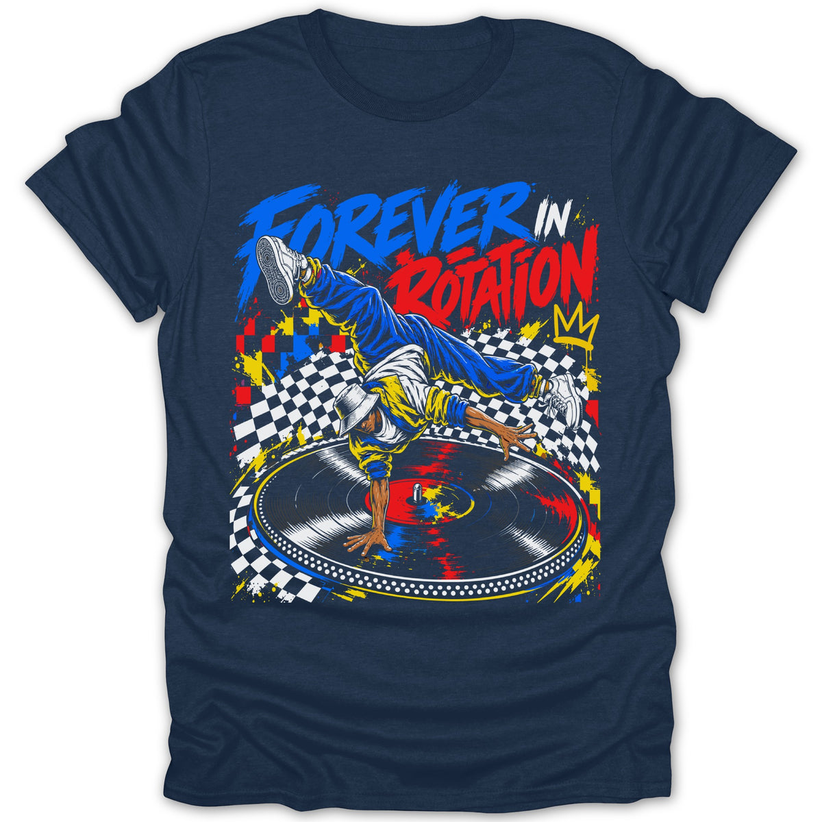 Breakdancer on a turntable with text "FOREVER IN ROTATION" and crown graphic.