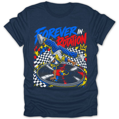 Breakdancer on a turntable with text "FOREVER IN ROTATION" and crown graphic.