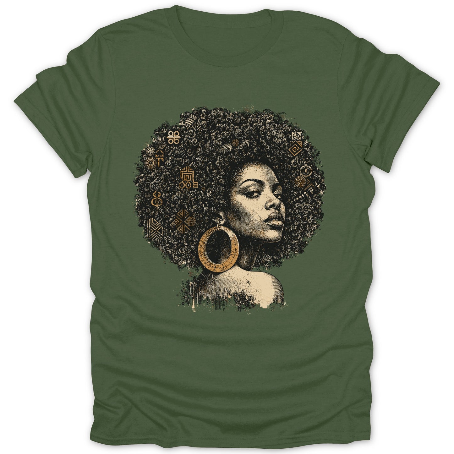 Green t-shirt featuring a black and gold graphic of a woman with voluminous afro and large hoop earrings.