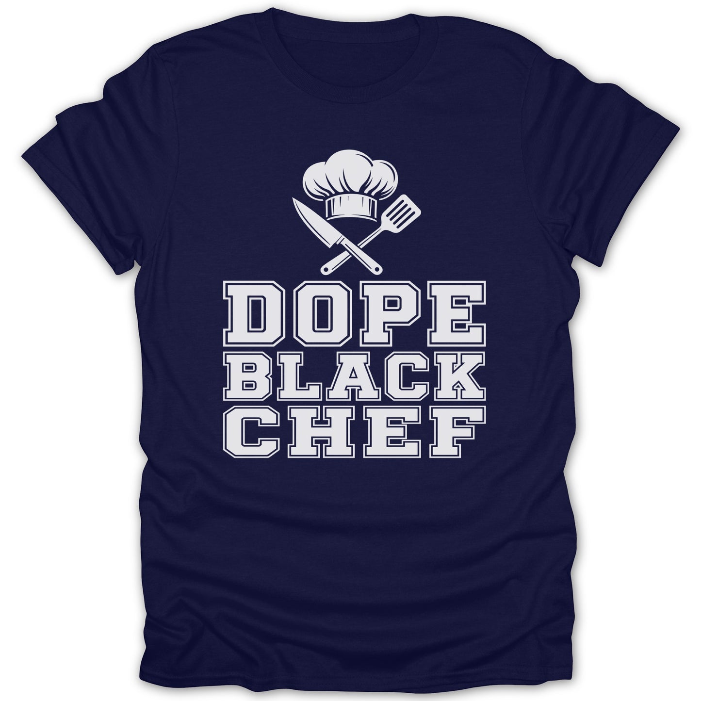 Navy t-shirt with white text "DOPE BLACK CHEF" and chef icons.