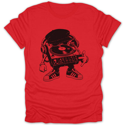 Red t-shirt with black cartoon turntable DJ wearing headphones, cap, and sunglasses.