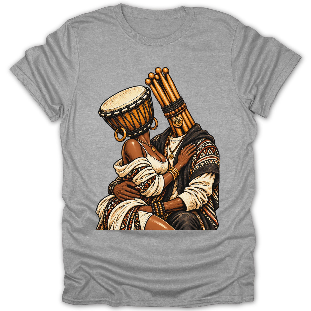 Couple embracing, one with a drum for a head, the other with drumsticks.