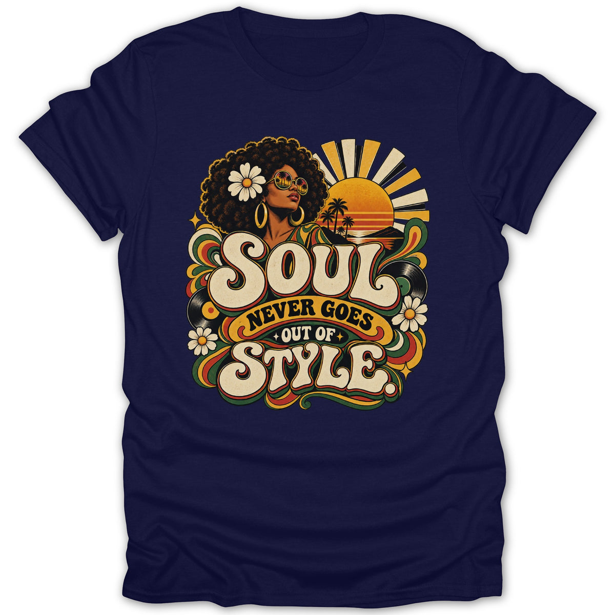 Graphic tee with vintage design of a woman, sunset, and text "Soul Never Goes Out of Style".