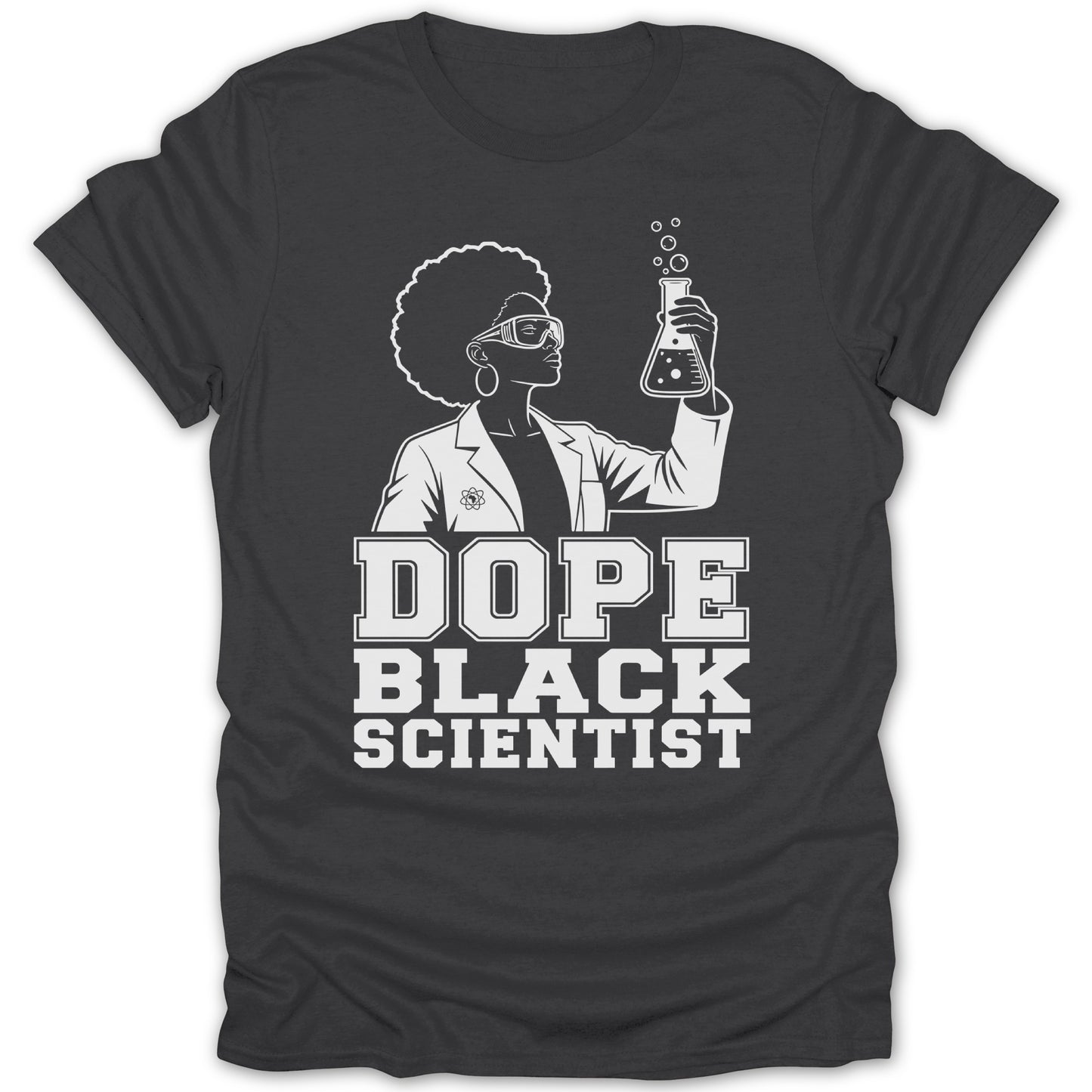 Black woman in lab coat and goggles holding a beaker with bubbles, "Dope Black Scientist" text.