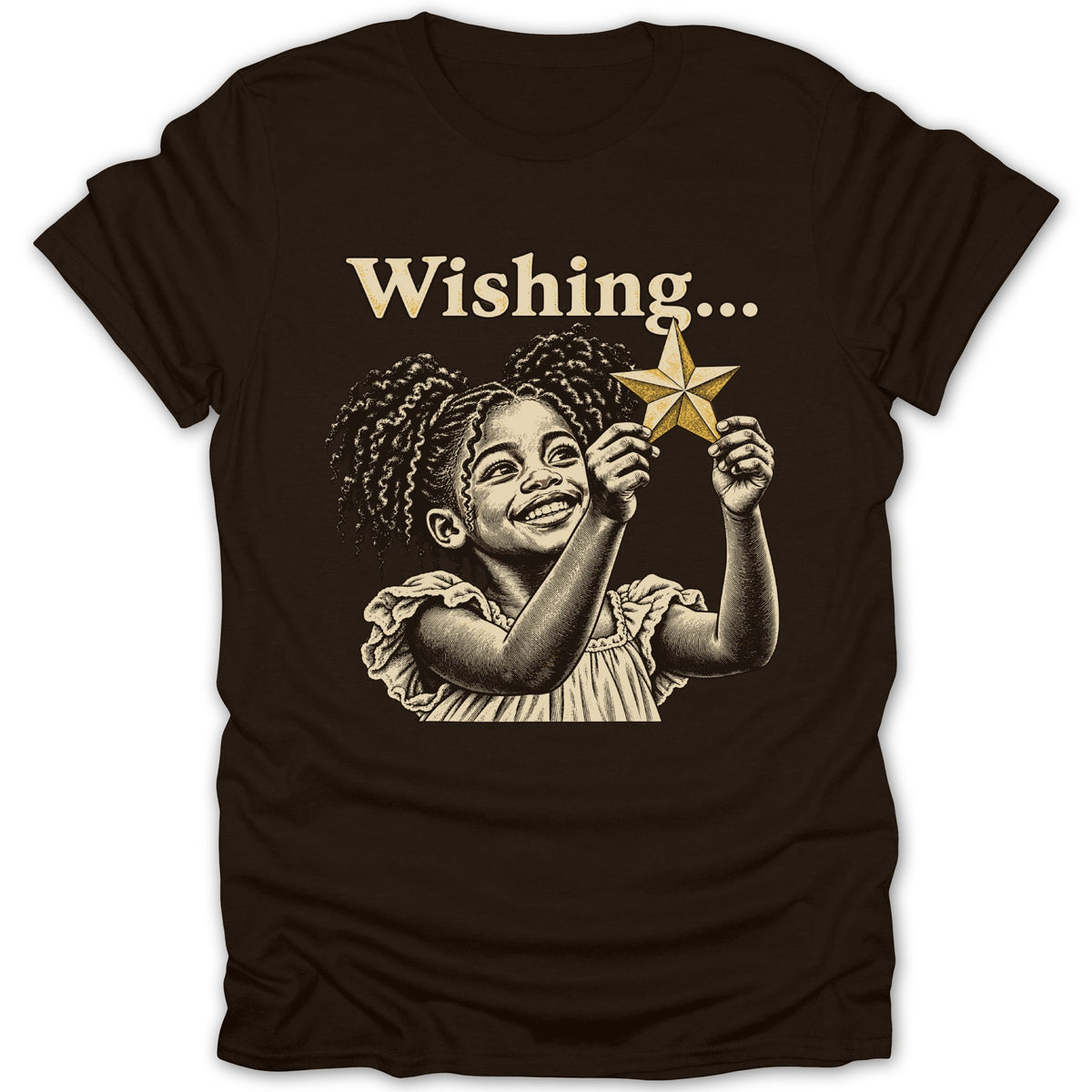 Brown t-shirt with "Wishing..." and a girl holding a star.
