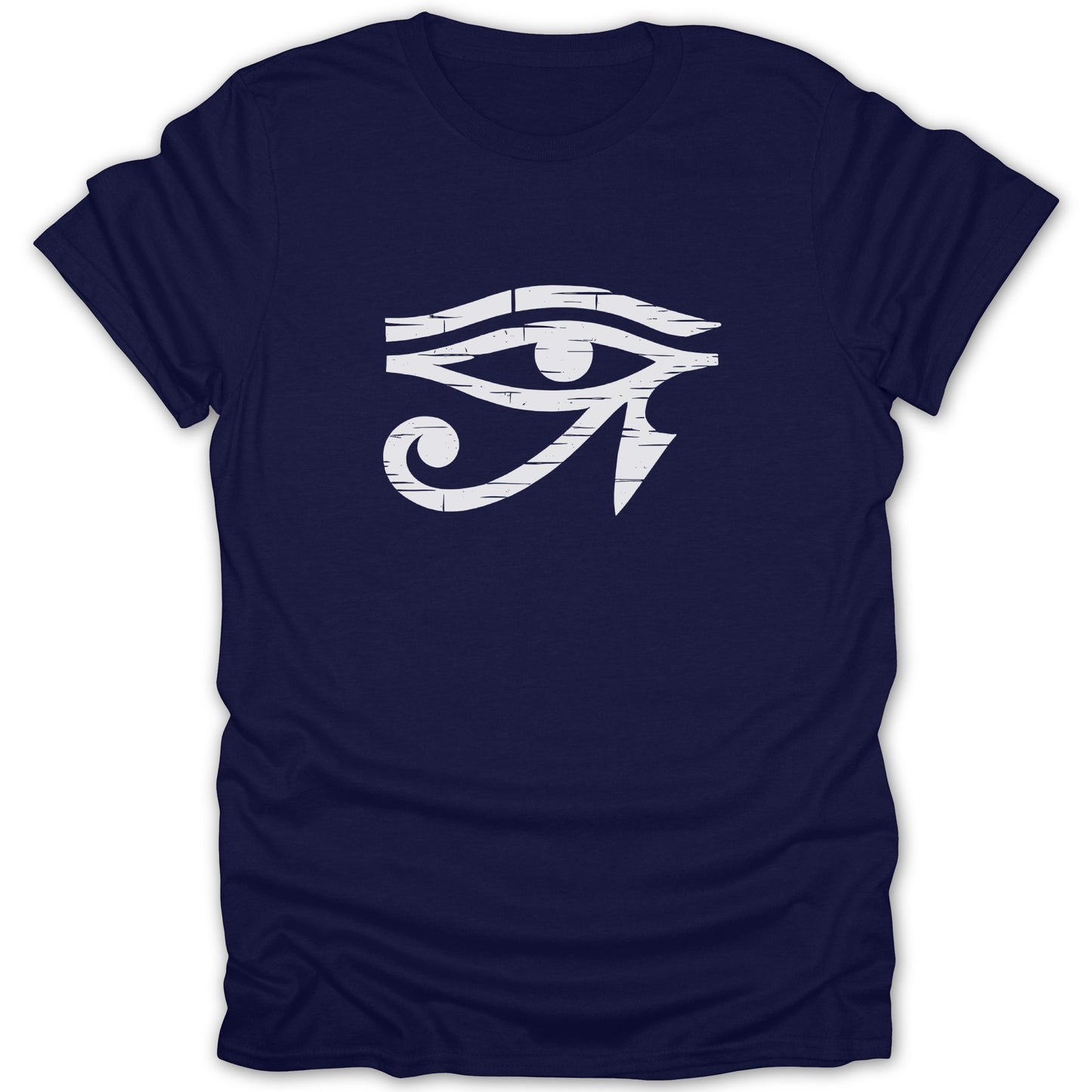 Navy t-shirt with a distressed white Eye of Horus graphic.