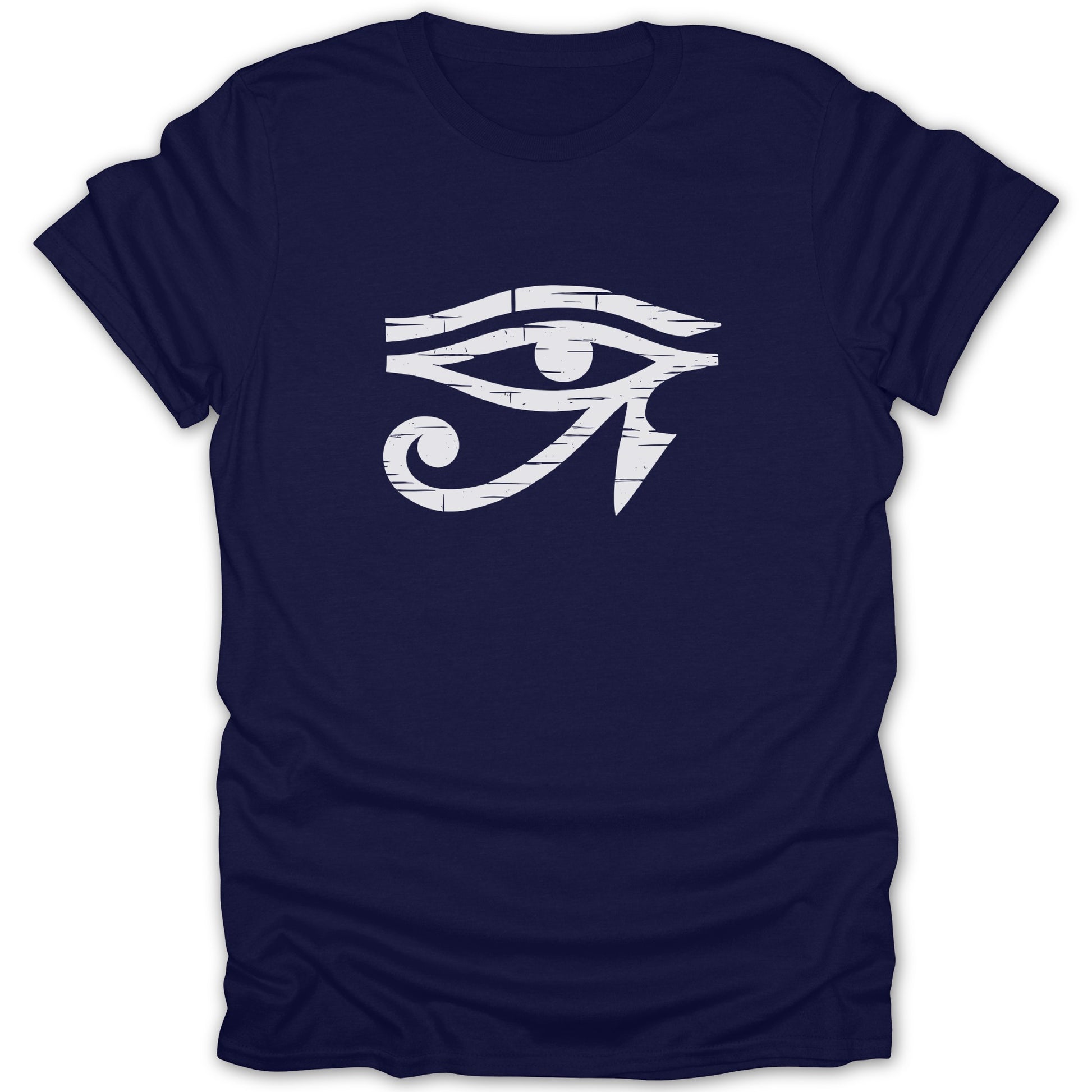 Navy t-shirt with a distressed white Eye of Horus graphic.