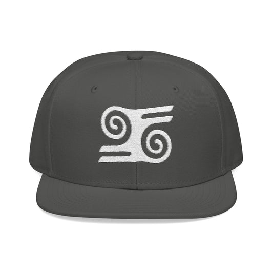 Charcoal snapback hat with white swirl logo.