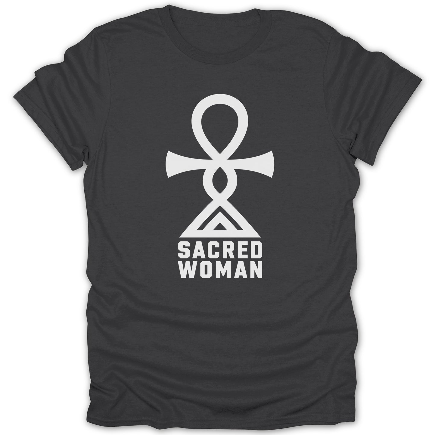 Dark t-shirt with a white ankh symbol and "SACRED WOMAN" text.