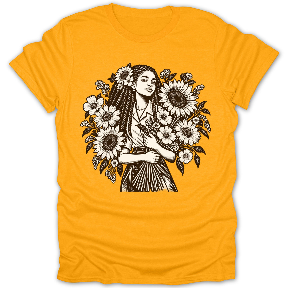 Black and white illustration of a woman holding sunflowers on a yellow t-shirt.