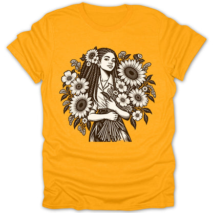 Black and white illustration of a woman holding sunflowers on a yellow t-shirt.