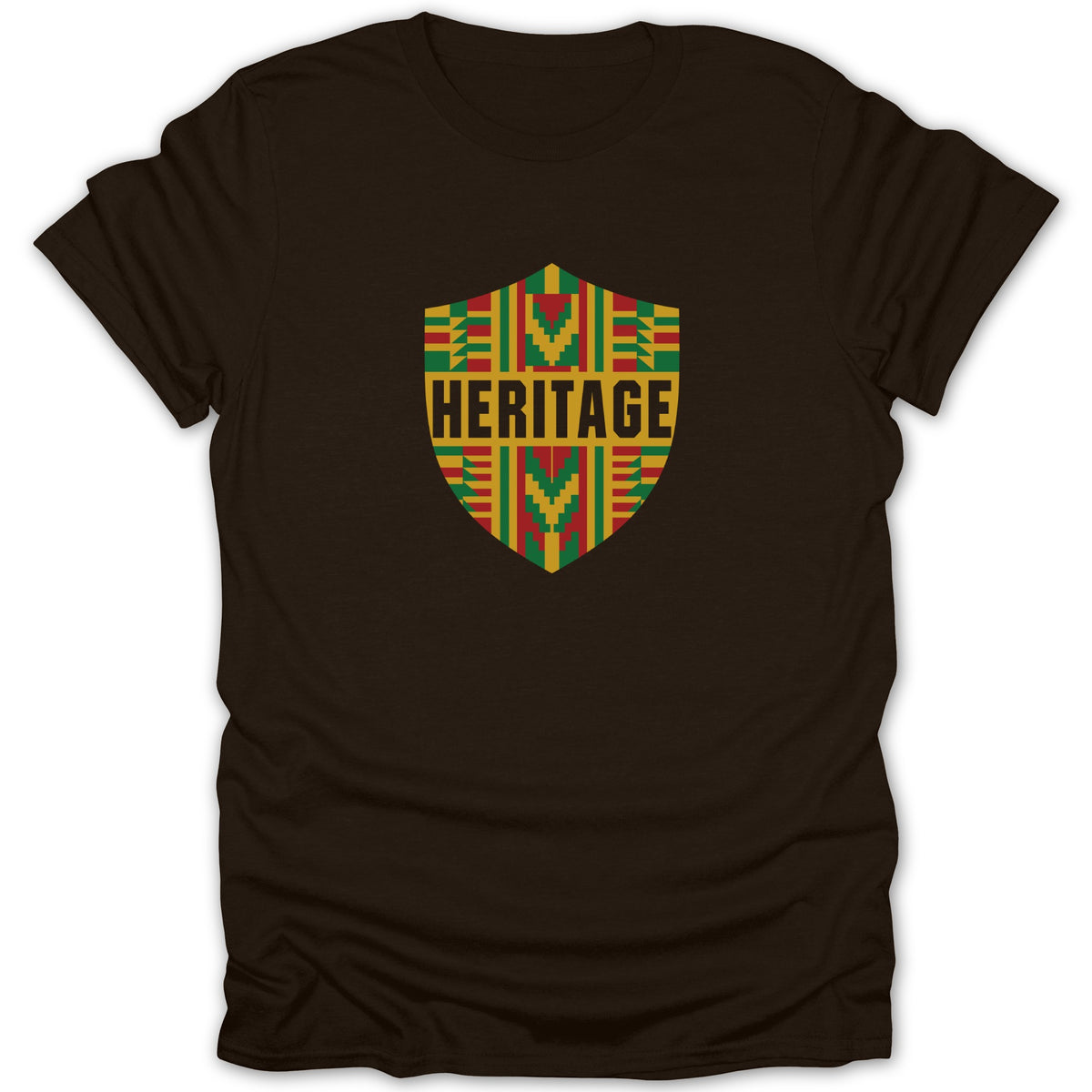 A dark brown short-sleeved t-shirt features a central shield design containing the word HERITAGE and a multicolored geometric pattern.