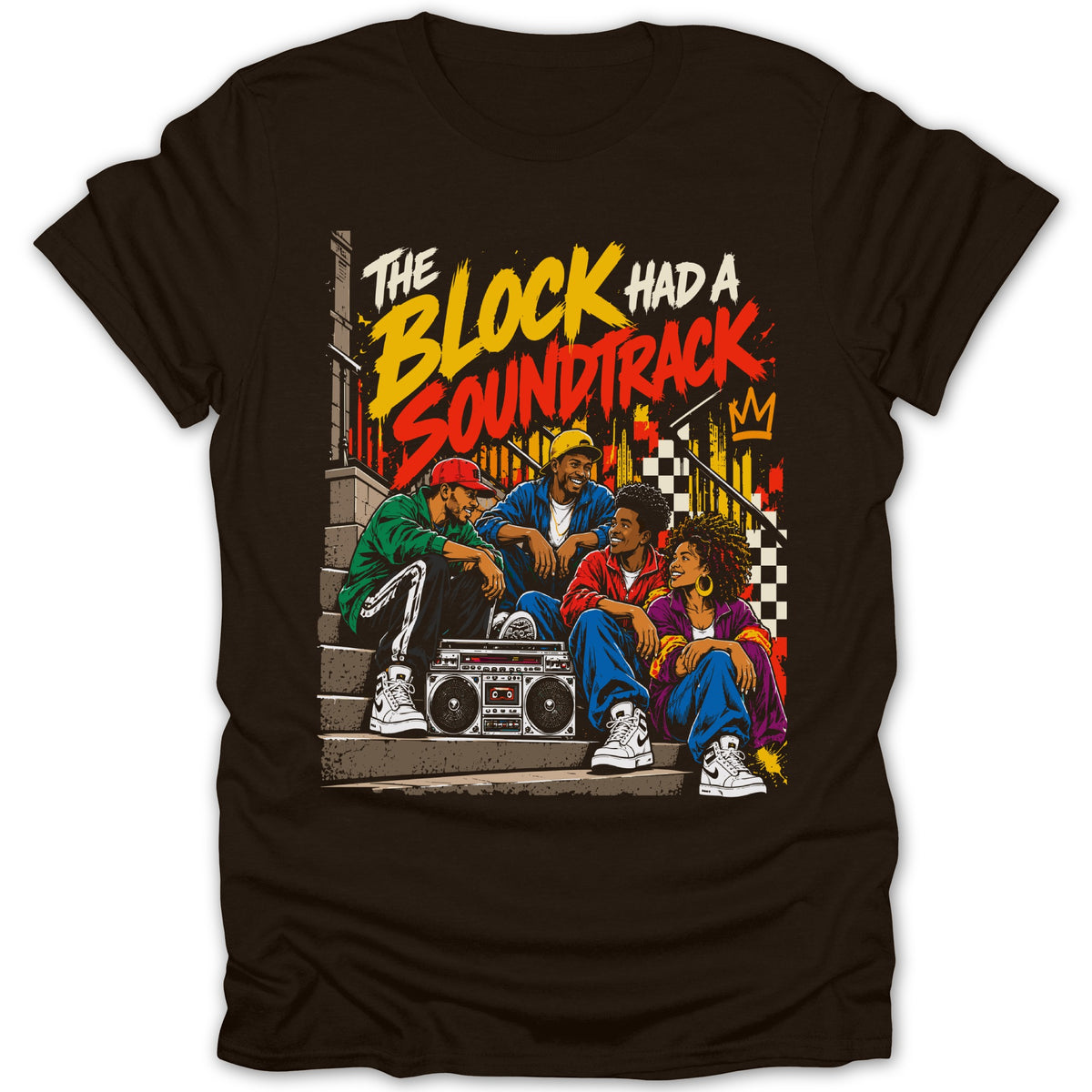 Four friends with a boombox sit on stairs with graffiti text "The Block Had A Soundtrack".
