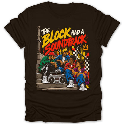 Four friends with a boombox sit on stairs with graffiti text "The Block Had A Soundtrack".