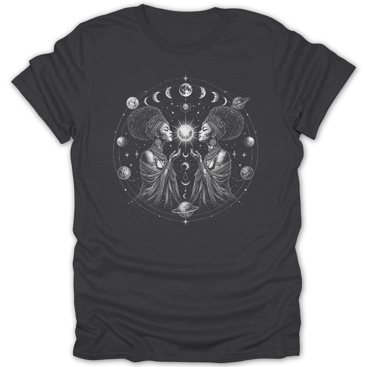 Two women with crowns face inwards creating a symmetrical design with celestial elements.