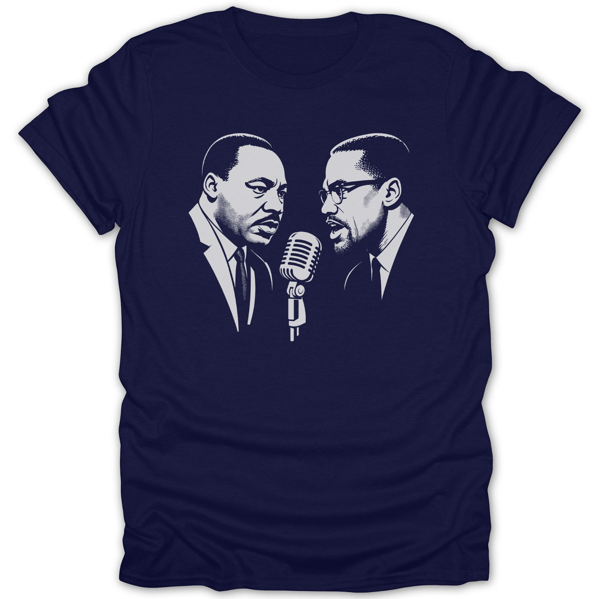 Martin Luther King Jr. and Malcolm X graphic with a vintage microphone on a navy t-shirt.