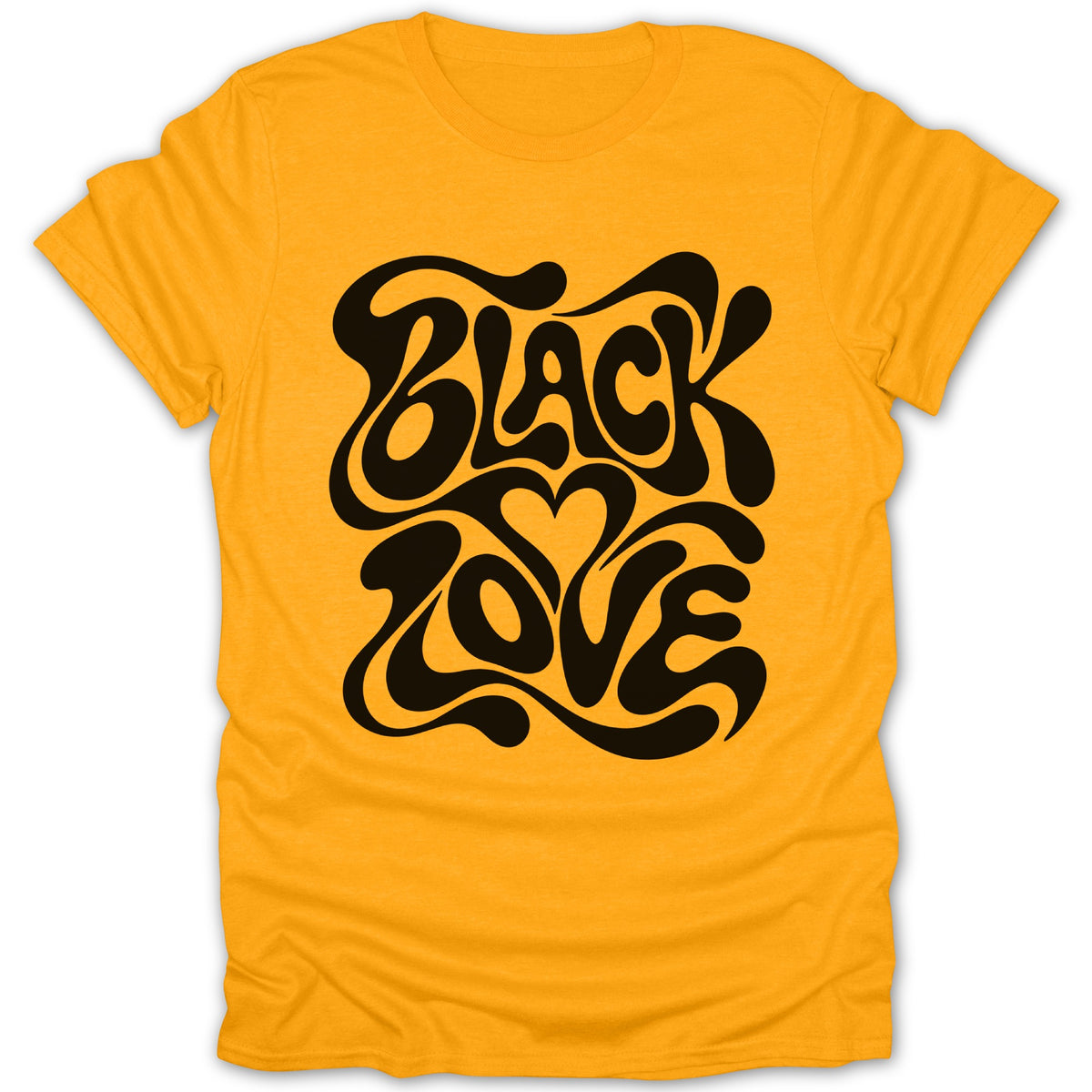Yellow t-shirt with black "BLACK LOVE" text in a wavy font.