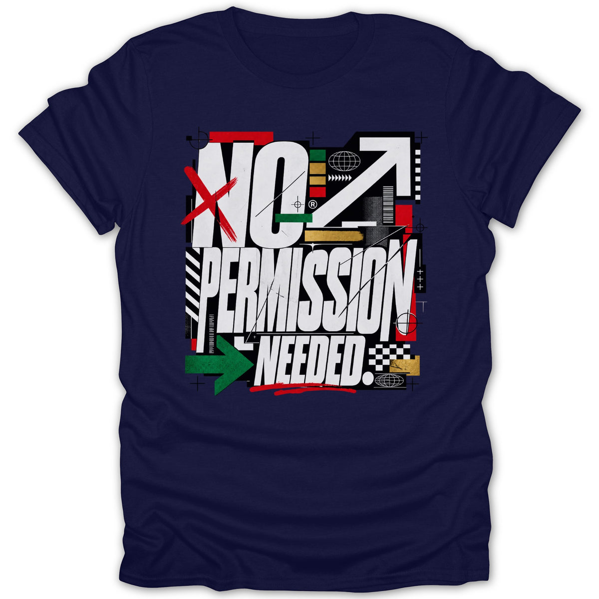 Navy t-shirt with text "NO PERMISSION NEEDED" and abstract graphics.
