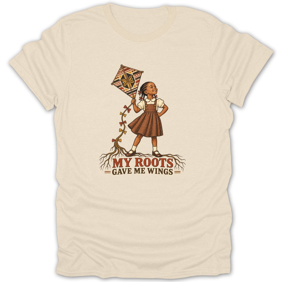 Girl with kite and roots graphic with text "MY ROOTS GAVE ME WINGS".
