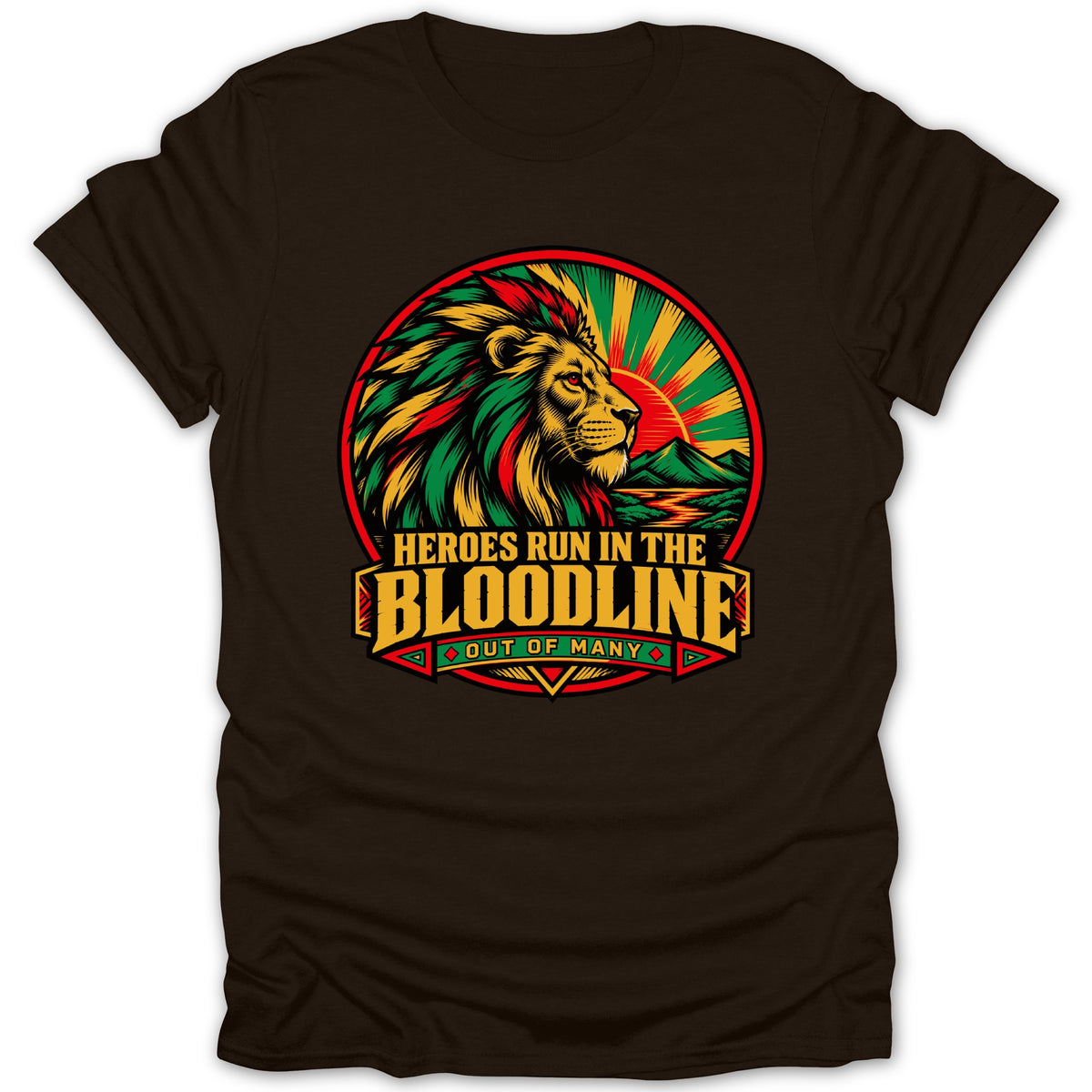 Brown t-shirt with a lion graphic and text "HEROES RUN IN THE BLOODLINE OUT OF MANY".