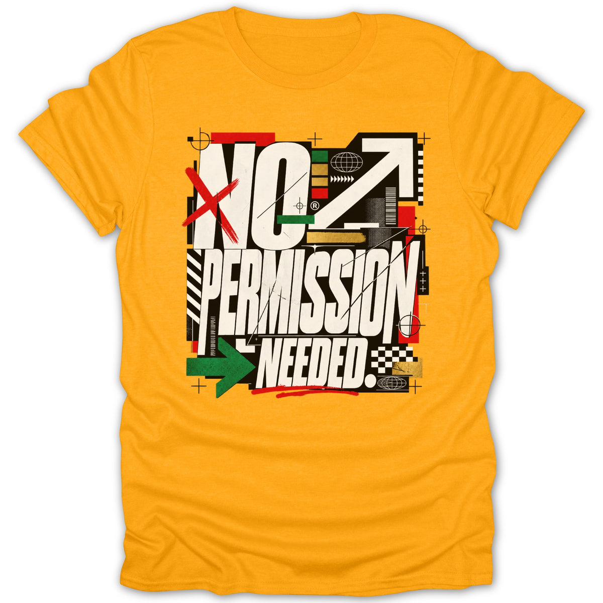 Yellow t-shirt with "NO PERMISSION NEEDED" text and abstract graphics.