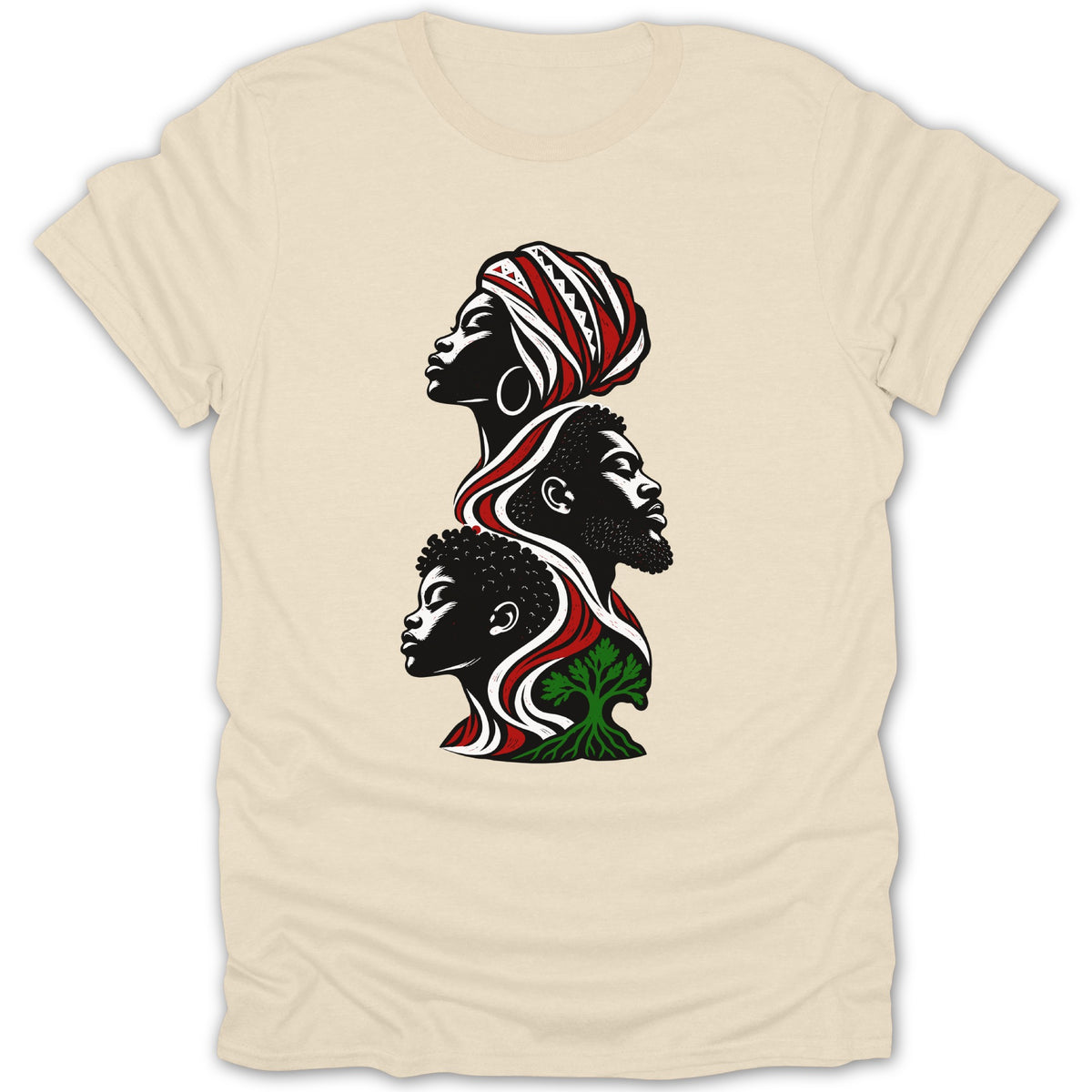 Stylized black and white graphic of three profiles of Black people with red and green accents, and a tree.