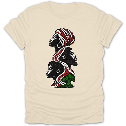 Stylized black and white graphic of three profiles of Black people with red and green accents, and a tree.