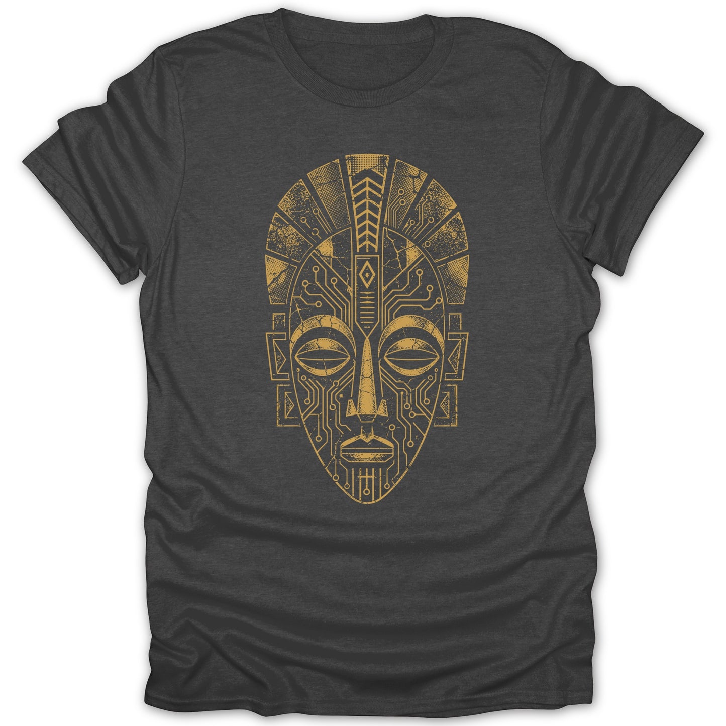 Dark t-shirt with a gold, distressed, tribal-tech mask graphic design.
