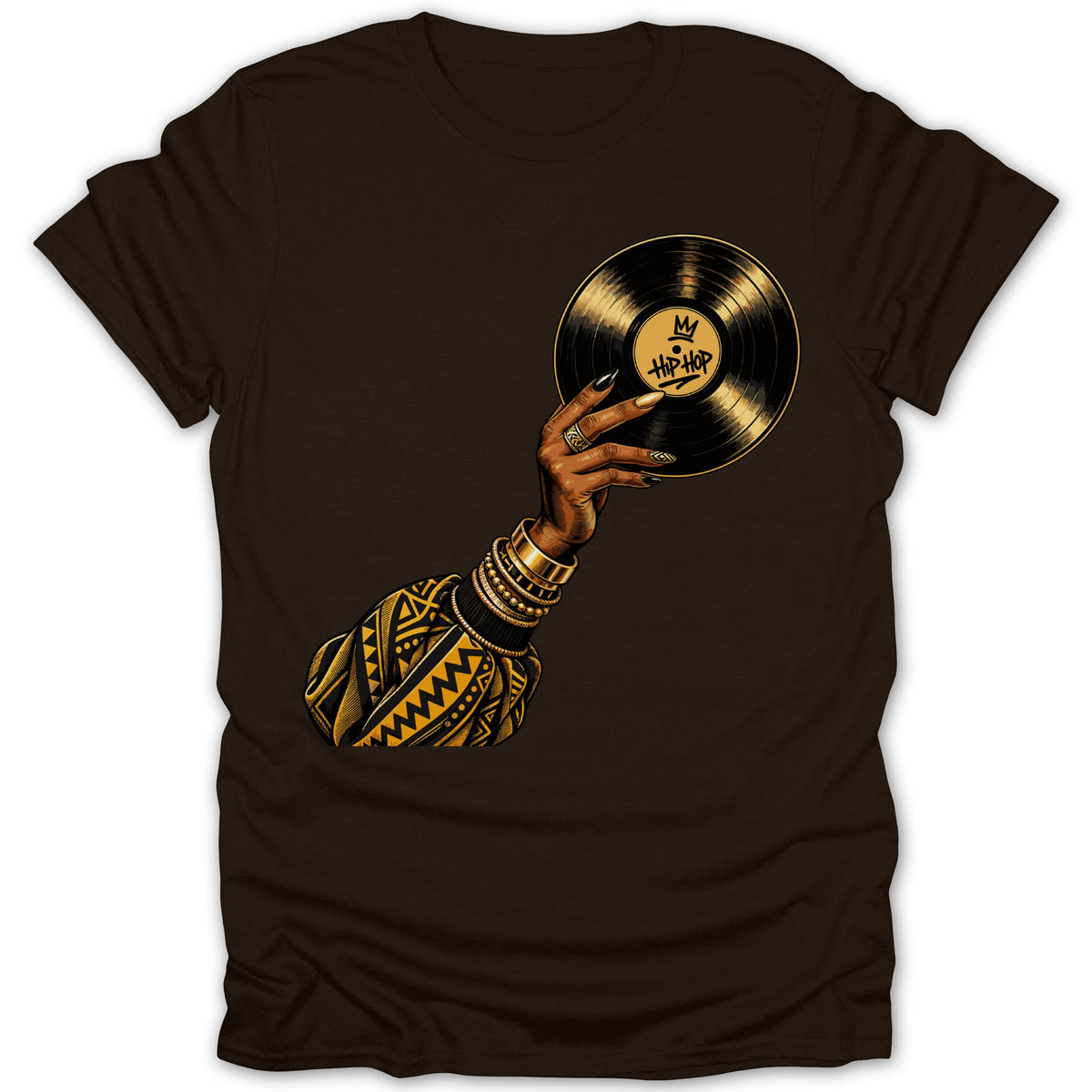 Brown t-shirt with illustration of a hand holding a vinyl record with "Hip-Hop" text.